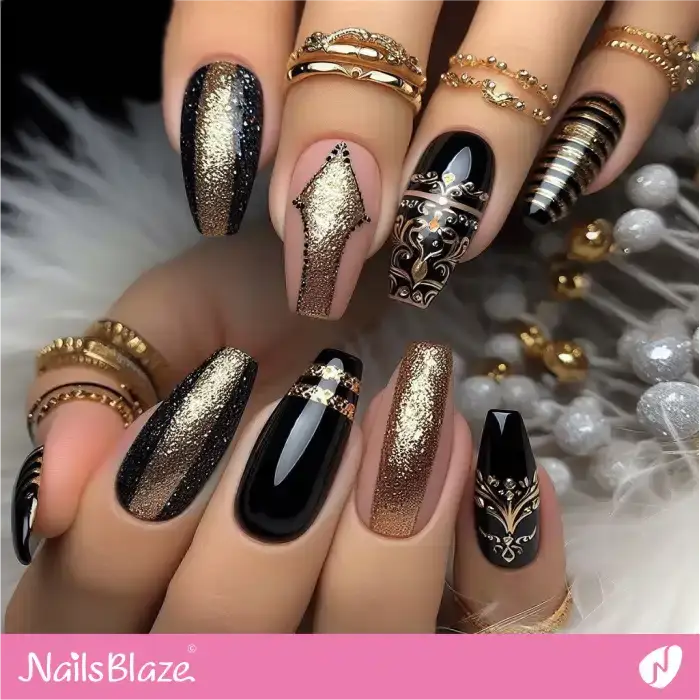 Embellished Black and Gold New Year's Nails | 2024 Nails - NB3706